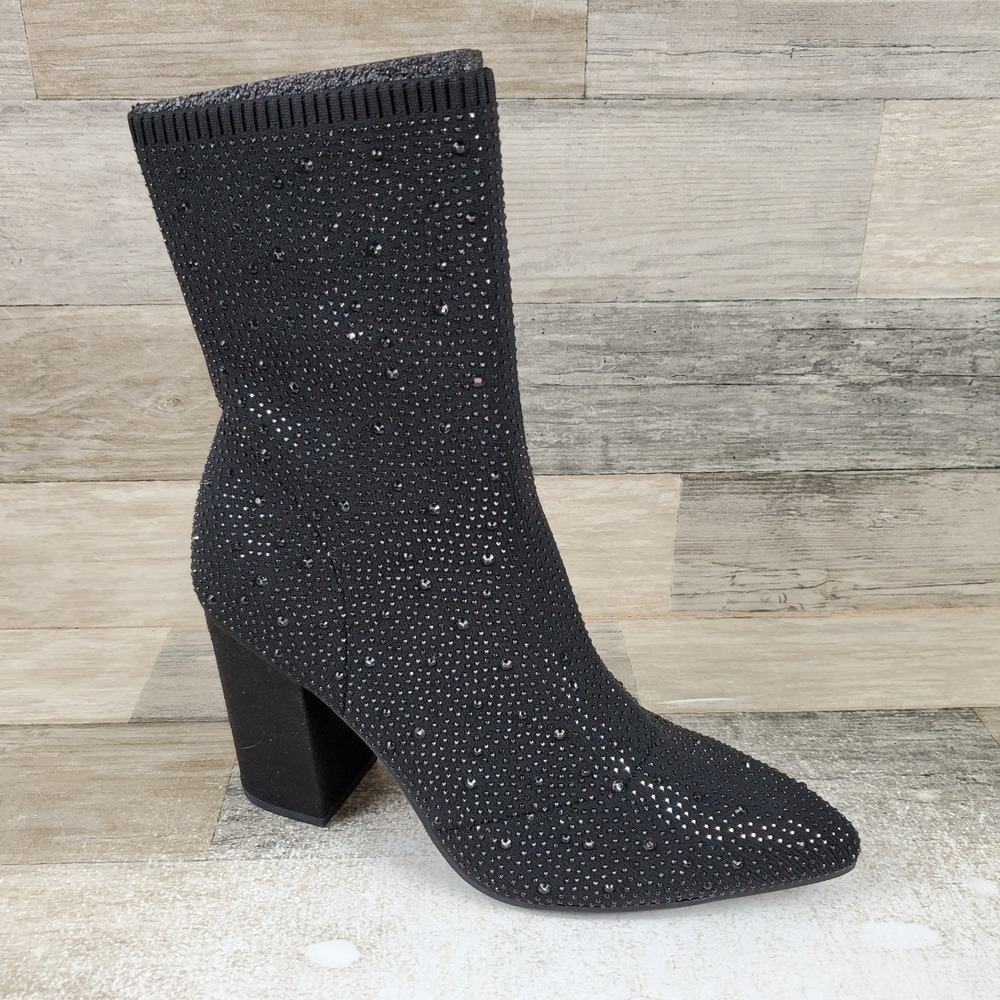 Mia Magdalena Womens Ankle Bootie Sz 8.5 M Black Knit Rhinestone Pull On Boots
